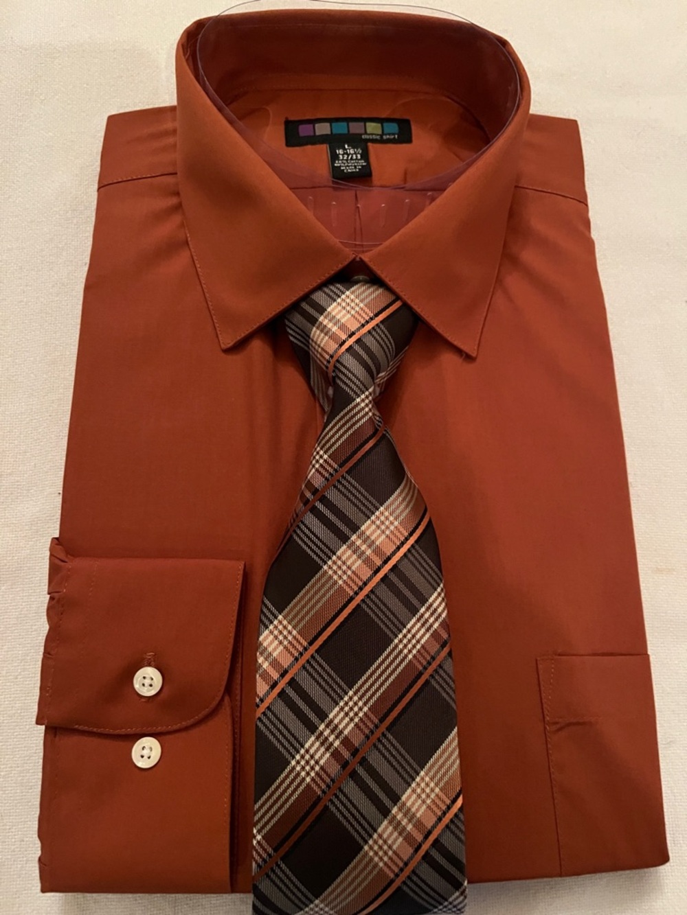 Shirt dress & tie for mens size L neck size 16-16.5” sleeve length 32-33”